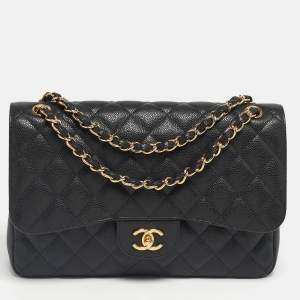 Pre Owned Chanel Black Quilted Caviar Leather Jumbo Classic Double Flap Bag