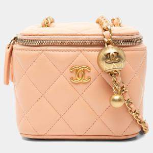 Pre Owned Chanel Pink Mini Quilted Lambskin Pearl Crush Vanity Case With Chain