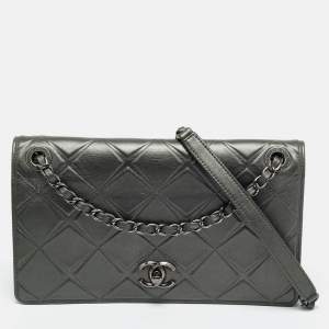 Pre Owned Chanel Grey Embossed Leather Medium Propeller Flap Bag