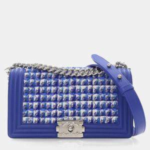 Pre Owned Chanel Medium Blue Tweed Boy Bag