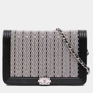 Pre Owned Chanel Black Lambskin Crystal Studded Boy Wallet on Chain