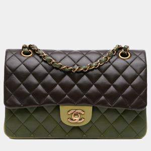 Pre Owned Chanel Green Medium Classic Tricolor Lambskin Double Flap