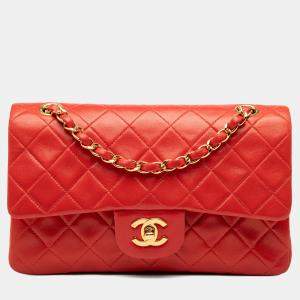 Pre Owned Chanel Red Small Classic Lambskin Double Flap