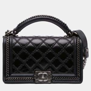 Pre Owned Chanel Black Medium Quilted Calfskin Whipstitch Chain Around Boy Top Handle Flap