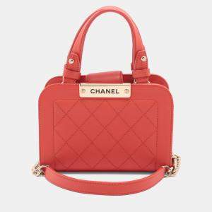 Pre Owned Chanel Red Mini Calfskin Label Click Shopping Tote