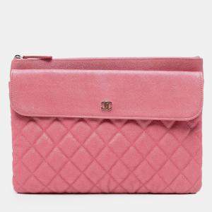 Pre Owned Chanel Pink Medium CC Quilted Caviar Flap Cosmetic Case