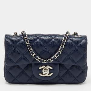 Pre Owned Chanel Navy Blue Quilted Caviar Leather Extra Mini Classic Single Flap Bag