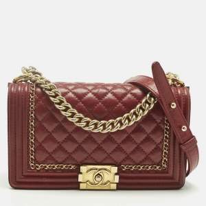 Pre Owned Chanel Red Quilted Leather Medium Chain Around Boy Flap Bag