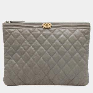Pre Owned Chanel Grey Medium Quilted Caviar Boy O Case Clutch