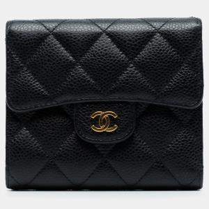 Pre Owned Chanel Black CC Quilted Caviar Compact Flap Wallet