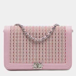 Pre Owned Chanel Pink Calfskin Crystal Studded Boy Wallet on Chain