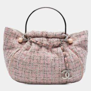 Pre Owned Chanel Pink Tweed Boucle Knitting Top Handle Bag