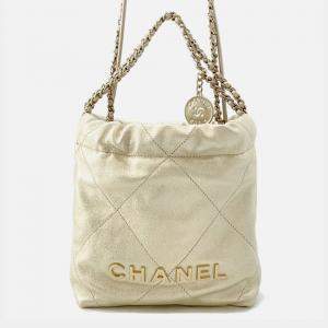 Pre Owned Chanel Chanel22 Chain Shoulder Bag Gold Shiny Calf Leather Size Mini
