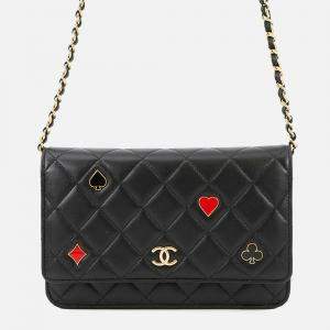Pre Owned Chanel Monaco Series Chain Wallet Black Lambskin