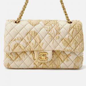 Pre Owned Chanel Matelasse Double Flap Jacquard Chain Shoulder Bag Gold Cottonjersy