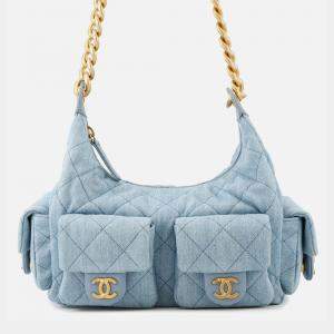 Pre Owned Chanel Matelasse Hobo Shoulder Bag Light Blue Denim
