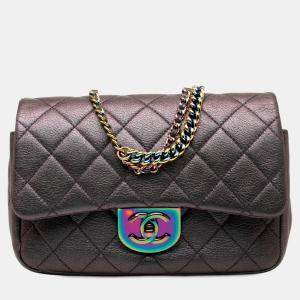 Pre Owned Chanel Purple Small Iridescent Goatskin Rainbow Hardware Double Carry Waist Chain Flap