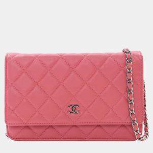 Pre Owned Chanel Pink Classic Lambskin Wallet on Chain
