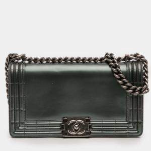 Pre Owned Chanel Green Old Medium Metallic Lambskin Boy Reverso Flap