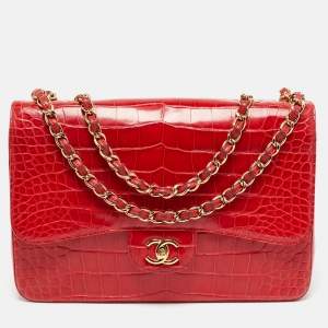 مملوكة مسبقًا Chanel Red Crocodile Jumbo Classic Double Flap Bag