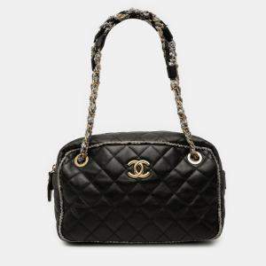 Pre Owned Chanel Black CC Quilted Lambskin Tweedy Bowler Bag