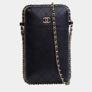 Pre Owned Chanel Black CC Quilted Lambskin Chain Around Phone Holder
