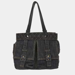 Pre Owned Chanel Navy Sparkling Denim Tote Handbag