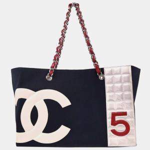 Pre Owned Chanel Navy Silver Canvas No.5 Choco Bar Tote Handbag