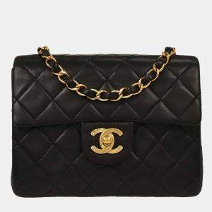 Pre Owned Chanel Black Lambskin Mini Classic Square Flap Shoulder Bag
