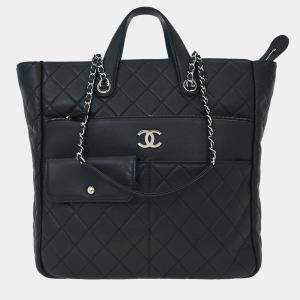Pre Owned Chanel Black Lambskin Ultra Pocket Shopping Tote 2way Handbag