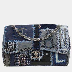 Pre Owned Chanel Blue Tweed Tweed Single Flap Patchwork Shoulder Bag