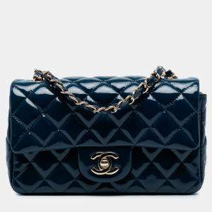 Pre Owned Chanel Navy Blue Mini Rectangular Classic Patent Single Flap