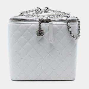 Pre Owned Chanel White Large Quilted Lambskin Top Handle Jewelry Box With Chain