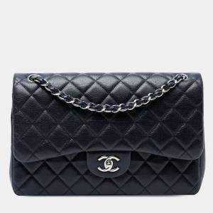 Pre Owned Chanel Blue Jumbo Classic Caviar Double Flap