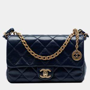 Pre Owned Chanel Navy Blue CC Quilted Lambskin Coin Chain Flap