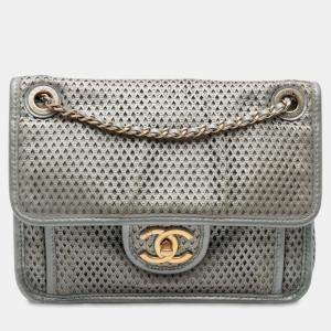 Pre Owned Chanel Silver Small Perforated Calfskin Up In The Air Flap