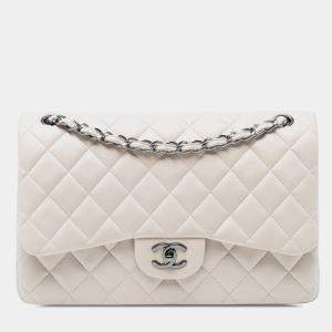 Pre Owned Chanel White Jumbo Classic Lambskin Double Flap