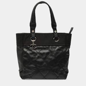 Pre Owned Chanel Black Small Quilted Coated Canvas Paris Biarritz Tote