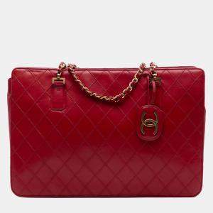 Pre Owned Chanel Red CC Quilted Lambskin Chain Tote