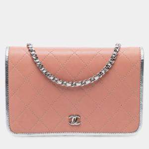 Pre Owned Chanel Pink CC Quilted Bicolor Lambskin Wallet On Chain