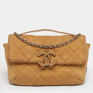 Pre Owned Chanel Cream Double Stitched Quilted Nubuck Leather Hampton Bag