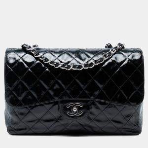 Pre Owned Chanel Navy Blue Jumbo Classic Crinkled Patent Single Flap