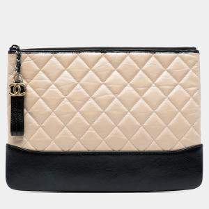 Pre Owned Chanel Beige Black Medium Aged Calfskin Gabrielle O Case Clutch