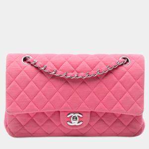 Pre Owned Chanel Pink Medium Classic Jersey Double Flap