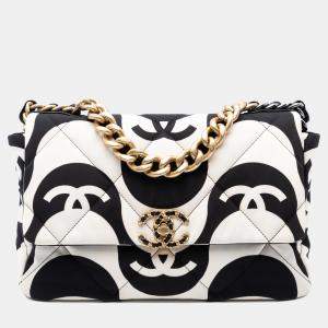 Pre Owned Chanel Black/White Large Printed Silk 19 Flap