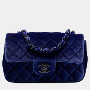 Pre Owned Chanel Blue Mini Rectangular Classic Velvet Single Flap