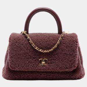 Pre Owned Chanel Red Small Shearling Coco Top Handle Bag