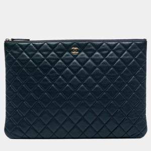 Pre Owned Chanel Navy Blue Large Quilted Caviar O Case Clutch