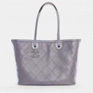 Pre Owned Chanel Silver Large Quilted Metallic Caviar Shopping Fever Tote
