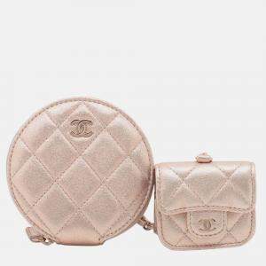 Pre Owned Chanel Pink CC Quilted Metallic Lambskin Coin Pouch and AirPods Pro Case